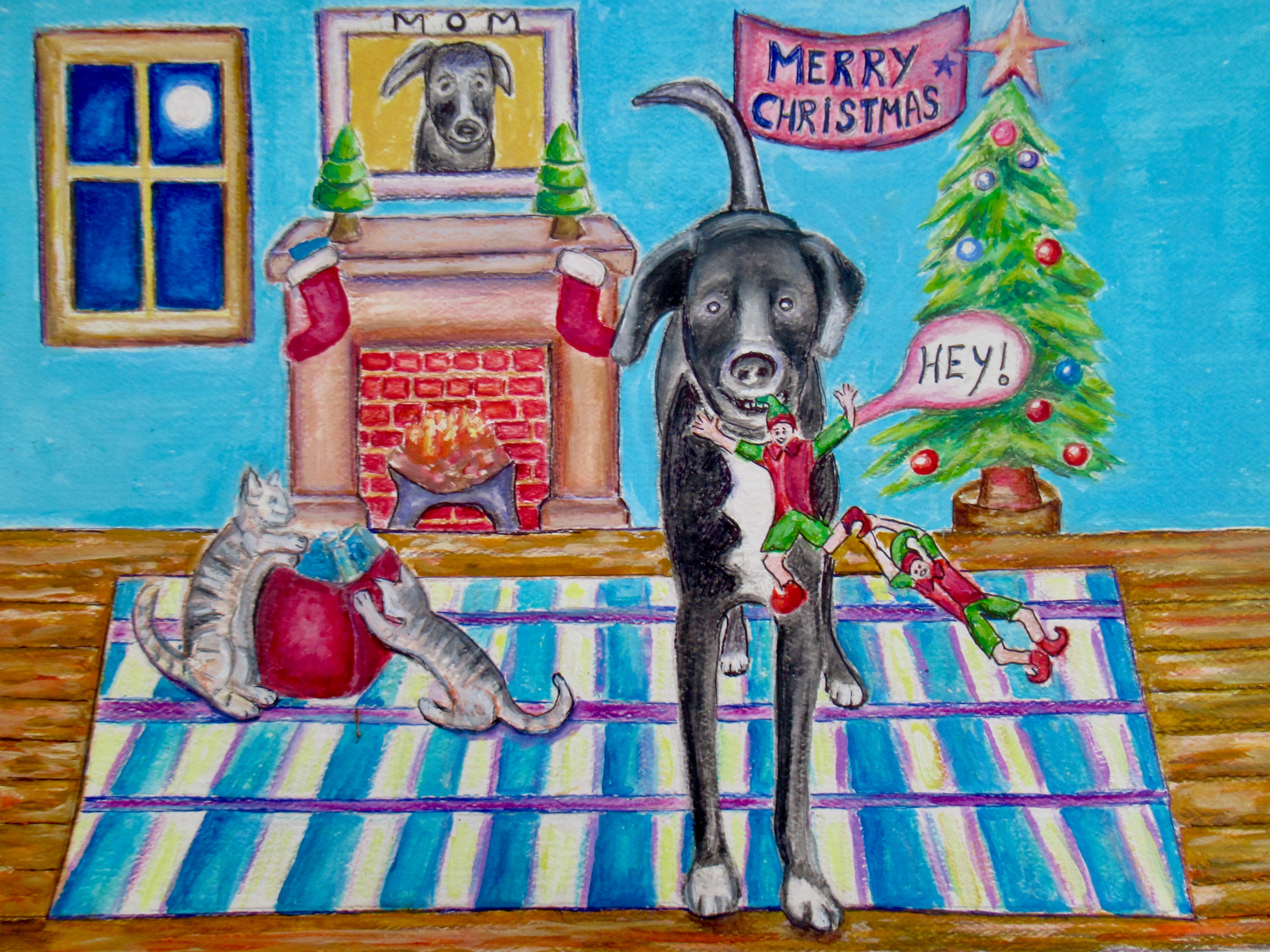 Duke the dog with elves and cat by fireplace, Merry Christmas — original artwork by Lisa