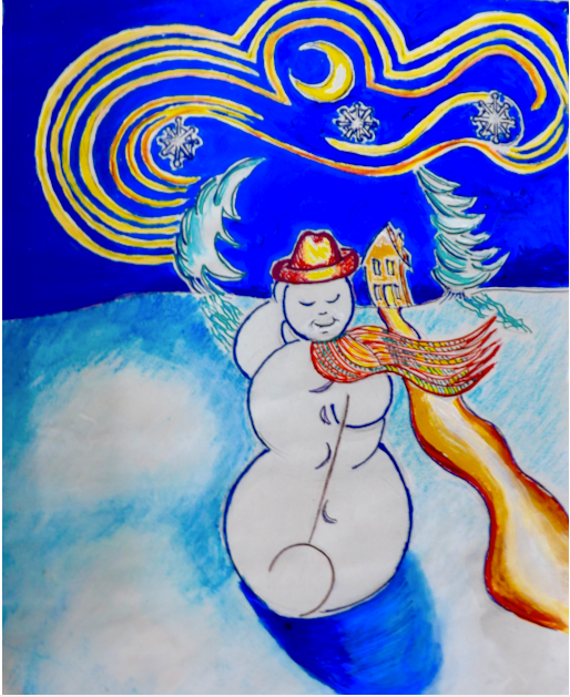 Gentleman snowman with red hat and scarf in swirling blue night sky — original artwork by Lisa