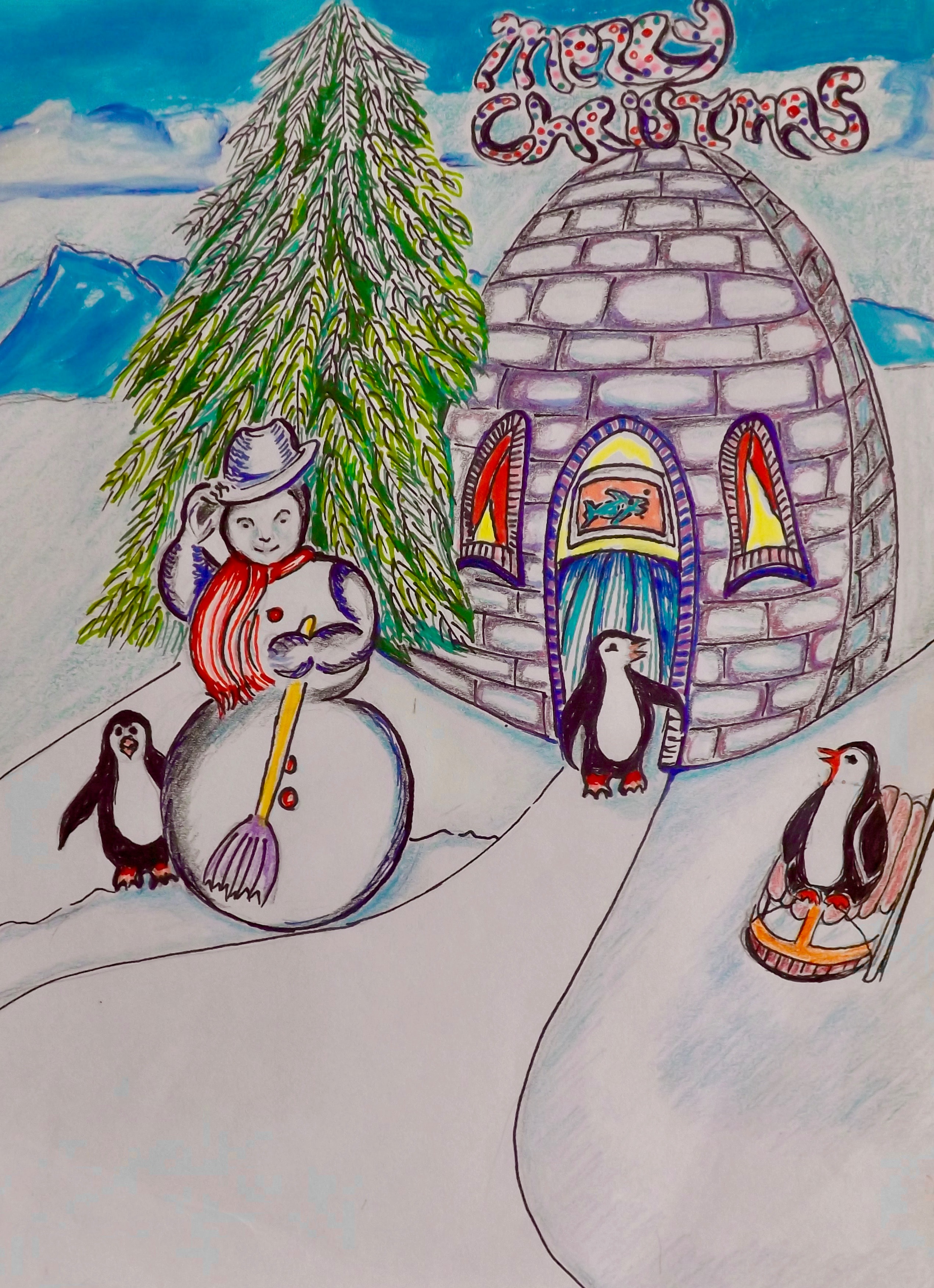 Penguins and snowman by igloo, Merry Christmas — original artwork by Lisa
