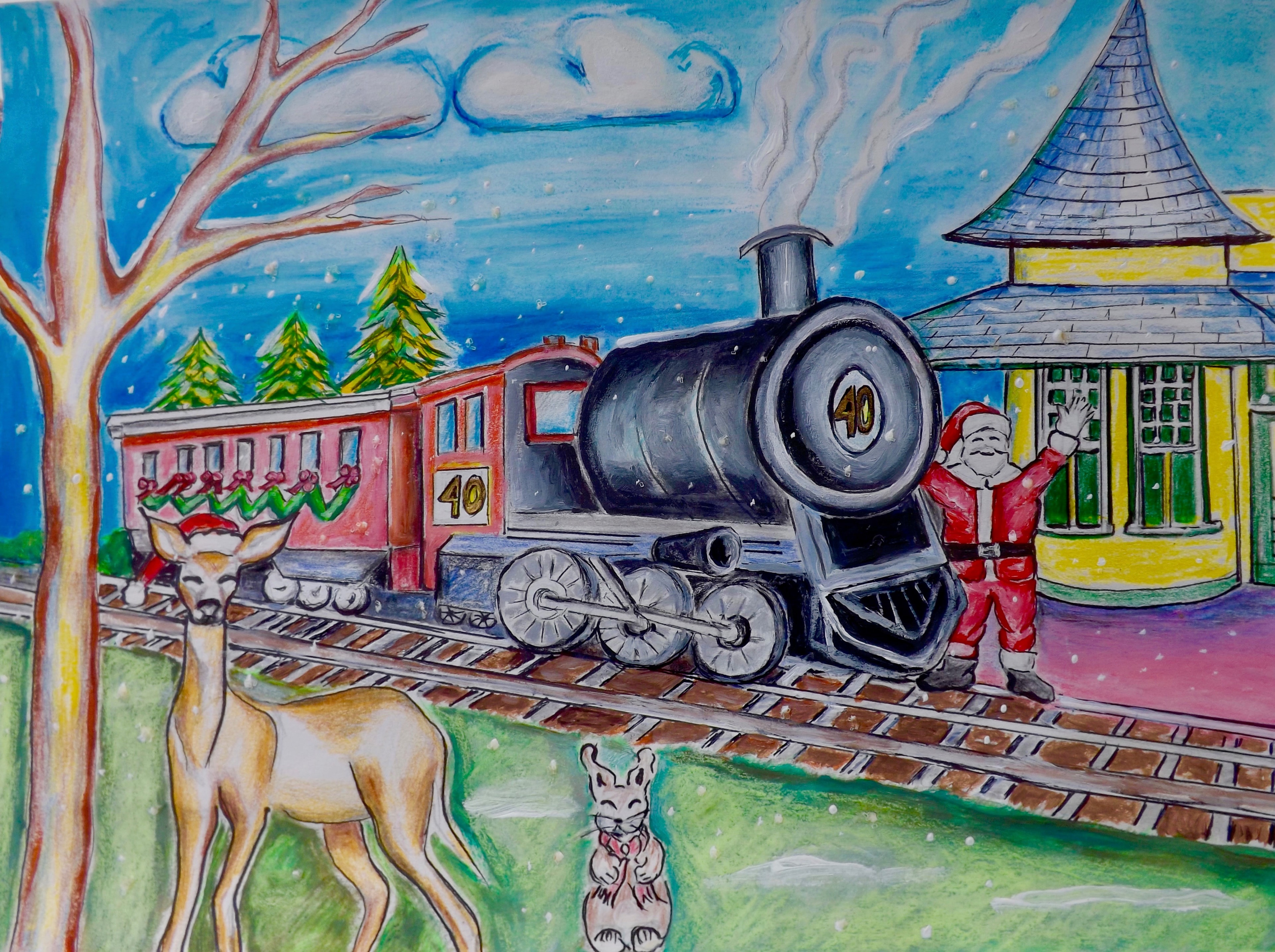 Santa waving by Christmas train with reindeer in snow — original artwork by Lisa
