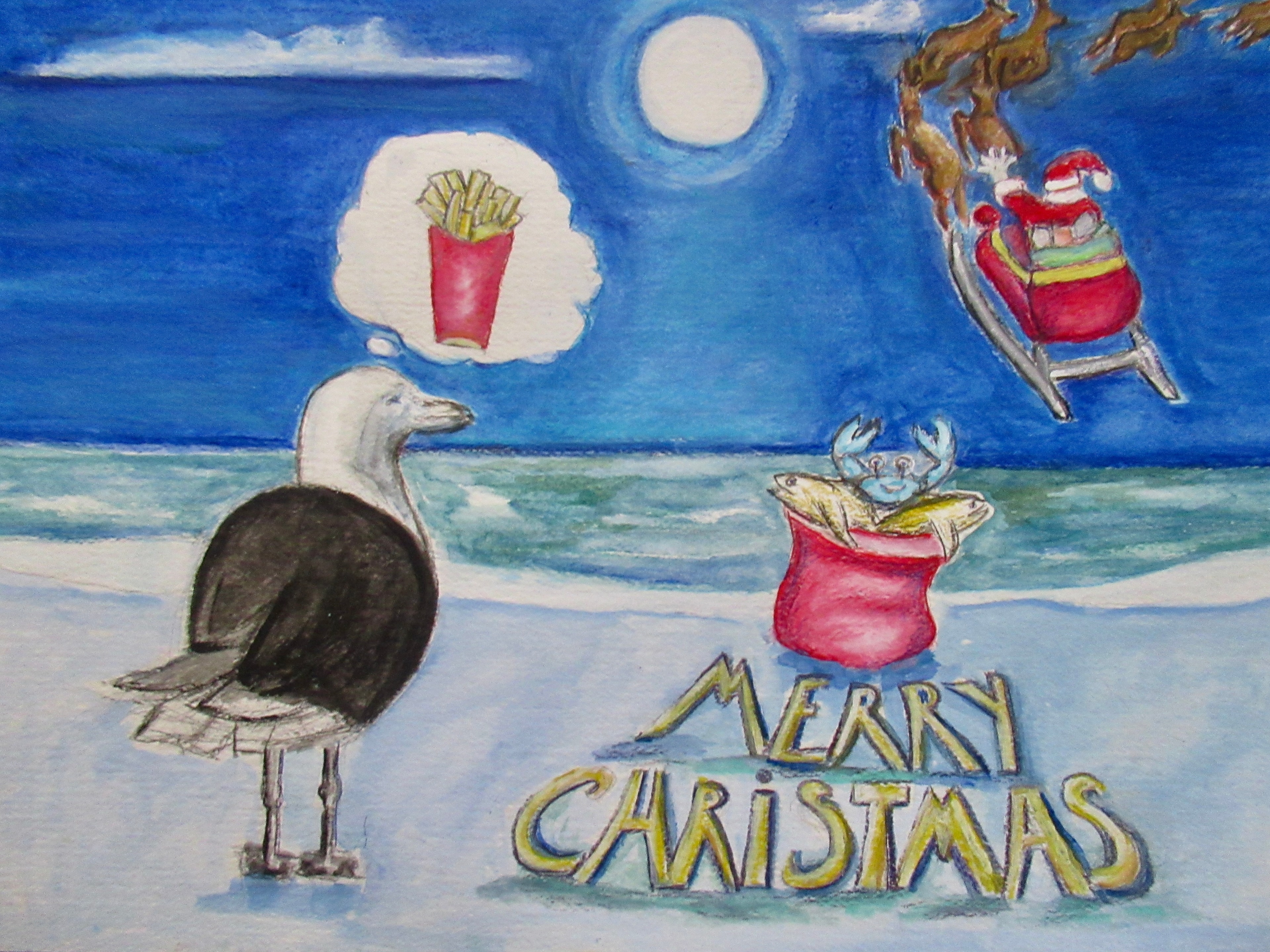 Seagull dreaming of fries with Santa sleigh overhead, Merry Christmas — original artwork by Lisa