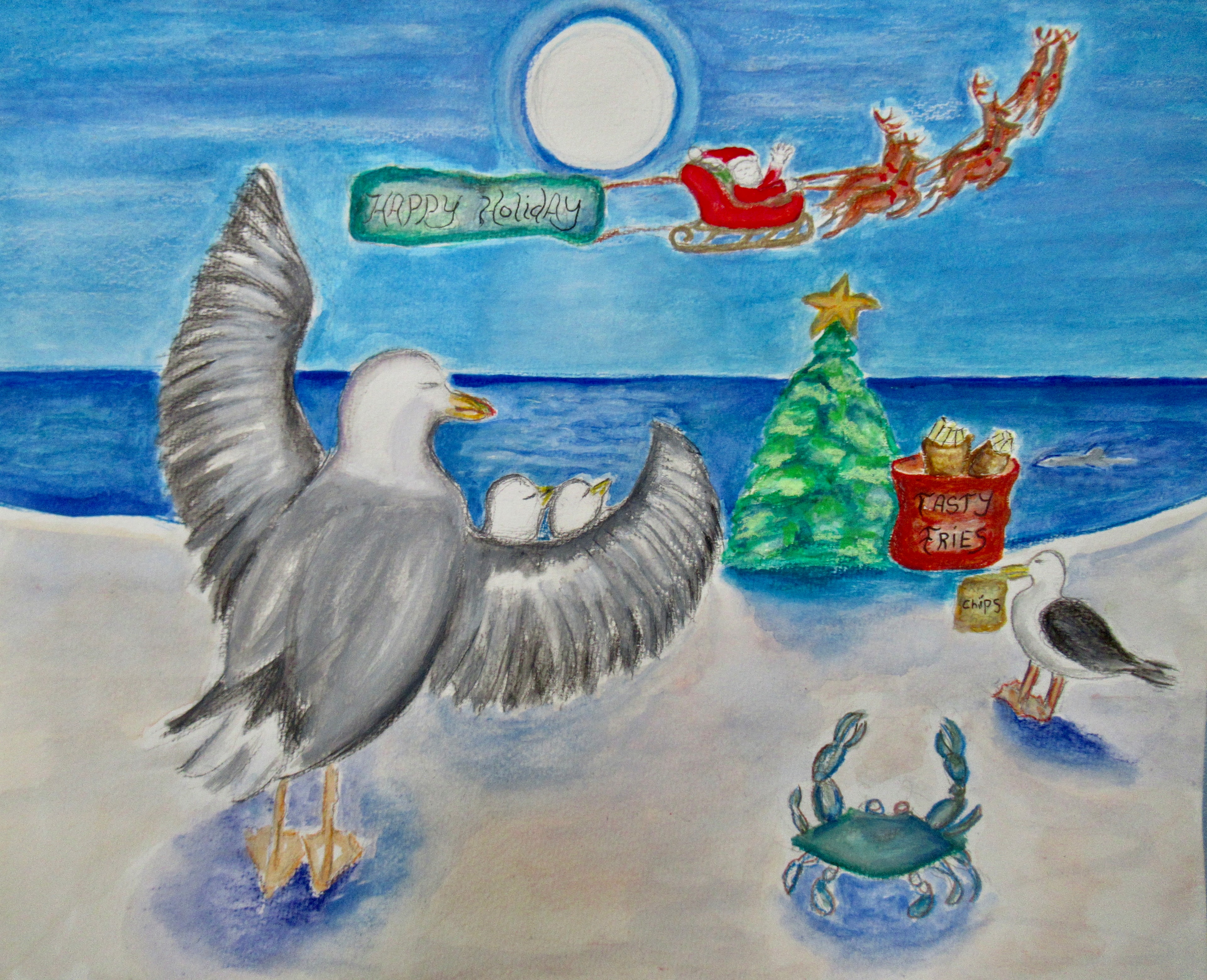 Seagull family with chicks on beach, Santa sleigh overhead, Happy Holiday — original artwork by Lisa
