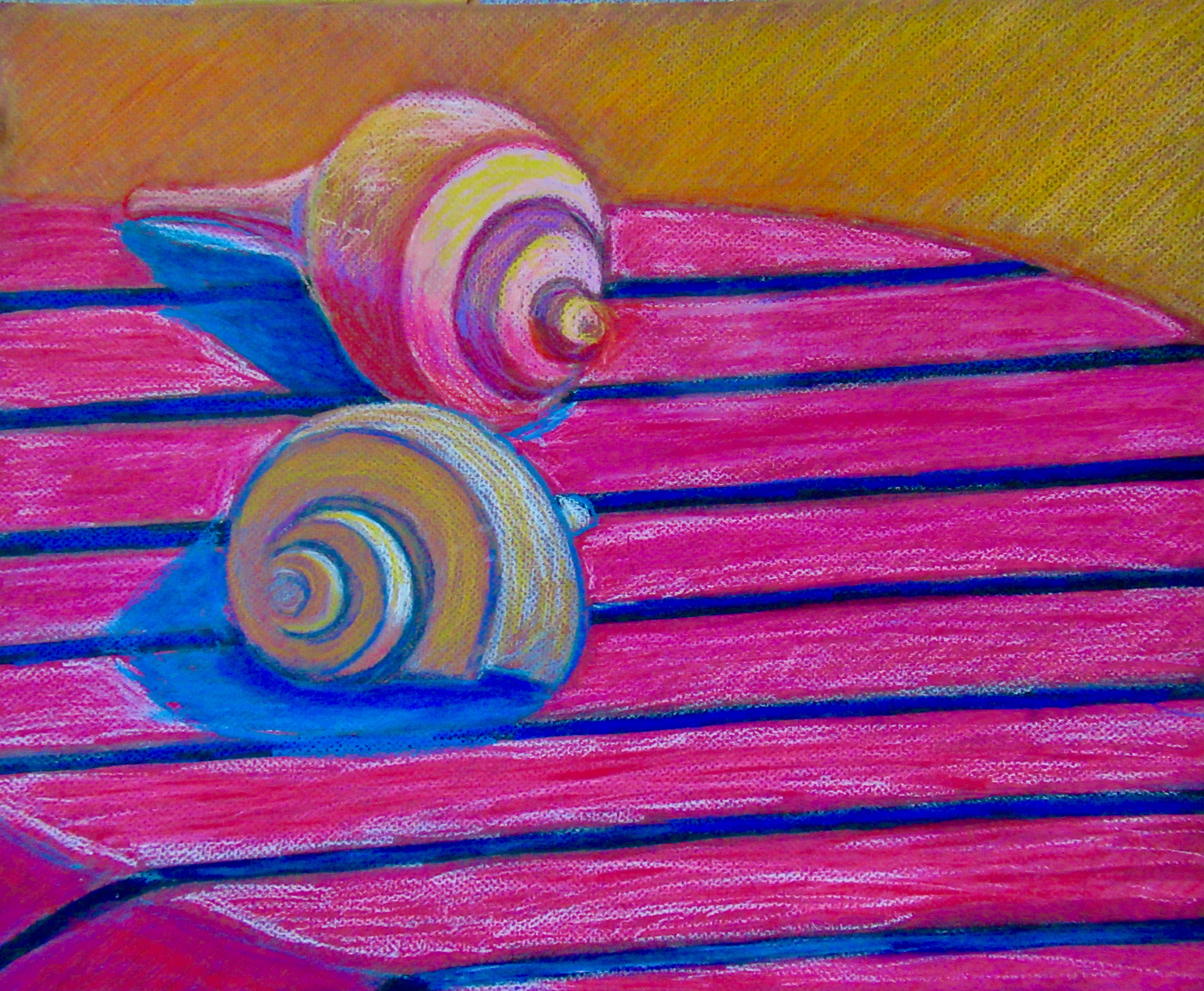 Channel whelk shells on pink and blue striped cloth — original artwork by Lisa