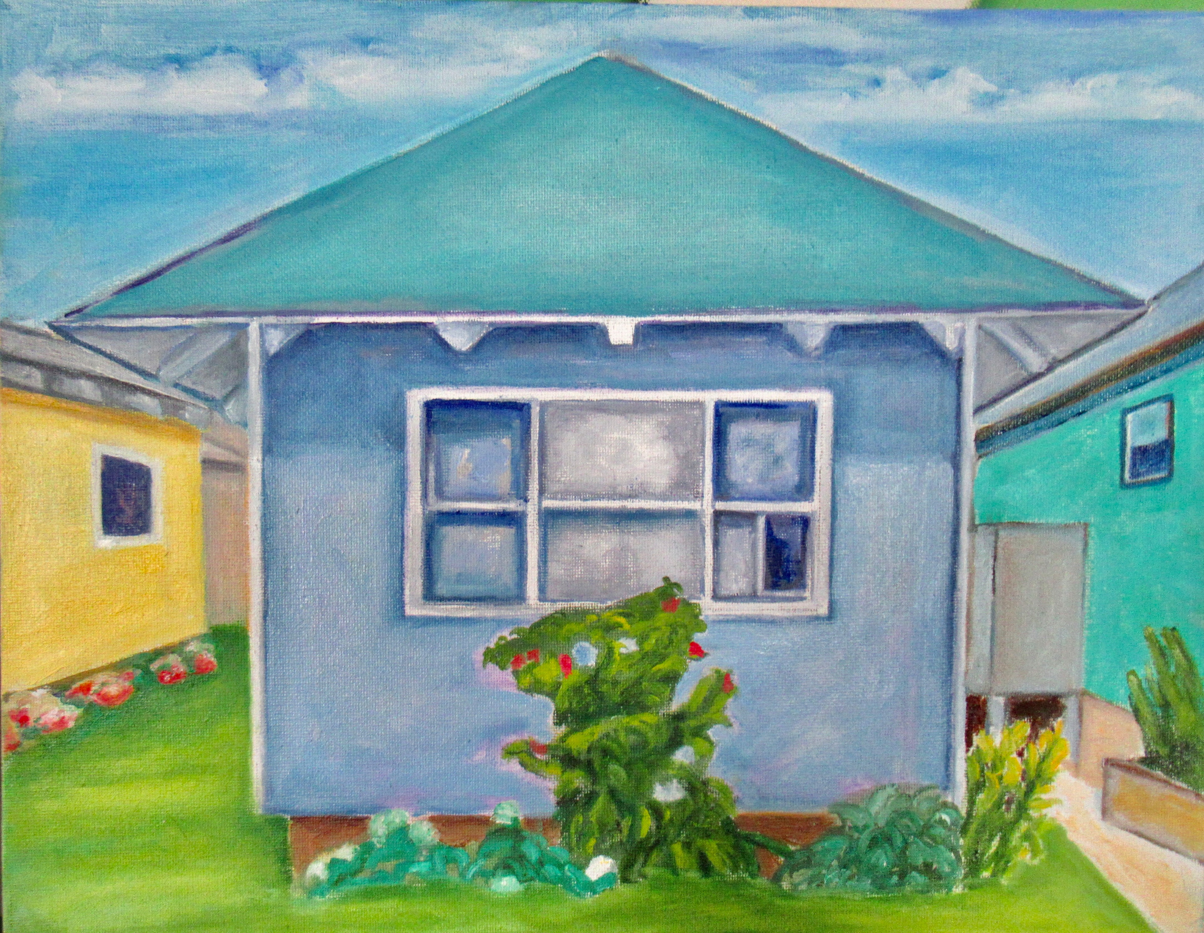 Blue beach cottage with teal roof and garden — original artwork by Lisa