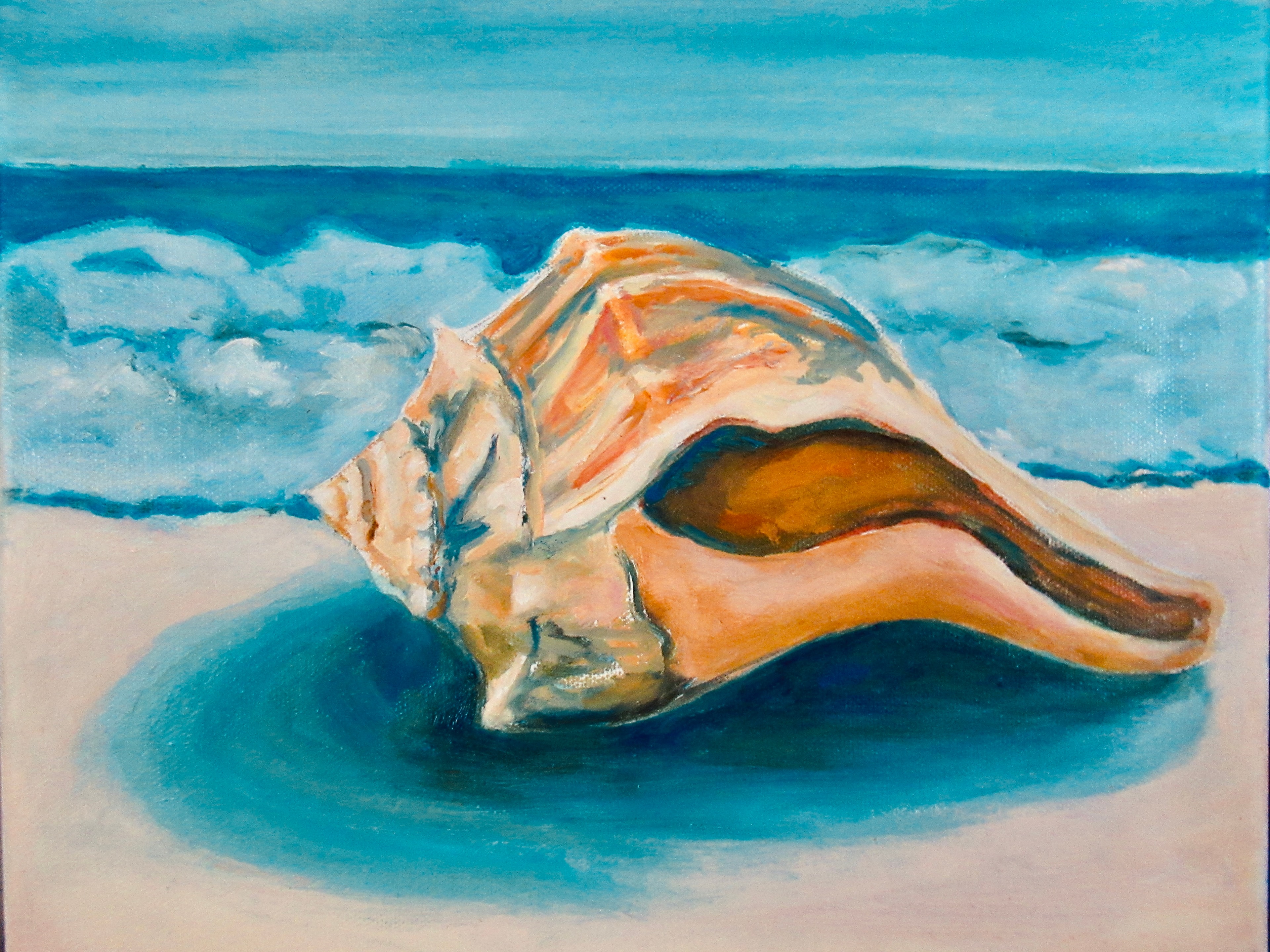 Knobbed whelk shell on sandy beach with ocean waves — original artwork by Lisa