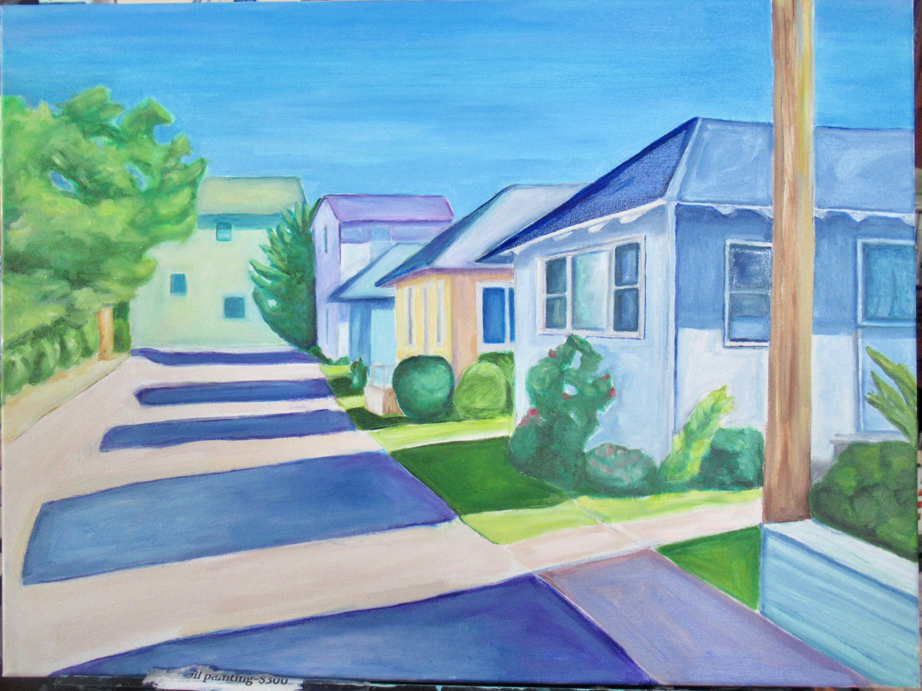 Coastal street scene with colorful beach houses and blue sky — original artwork by Lisa