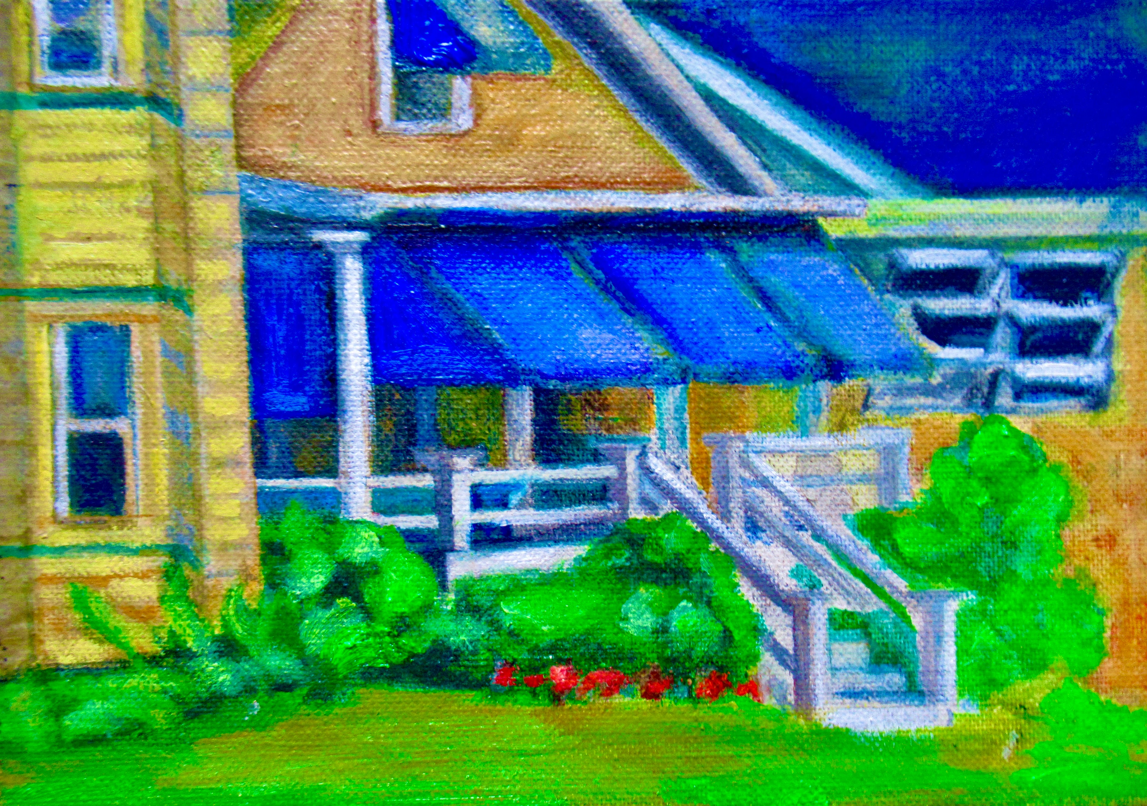Ocean City house with blue awnings and garden — original artwork by Lisa