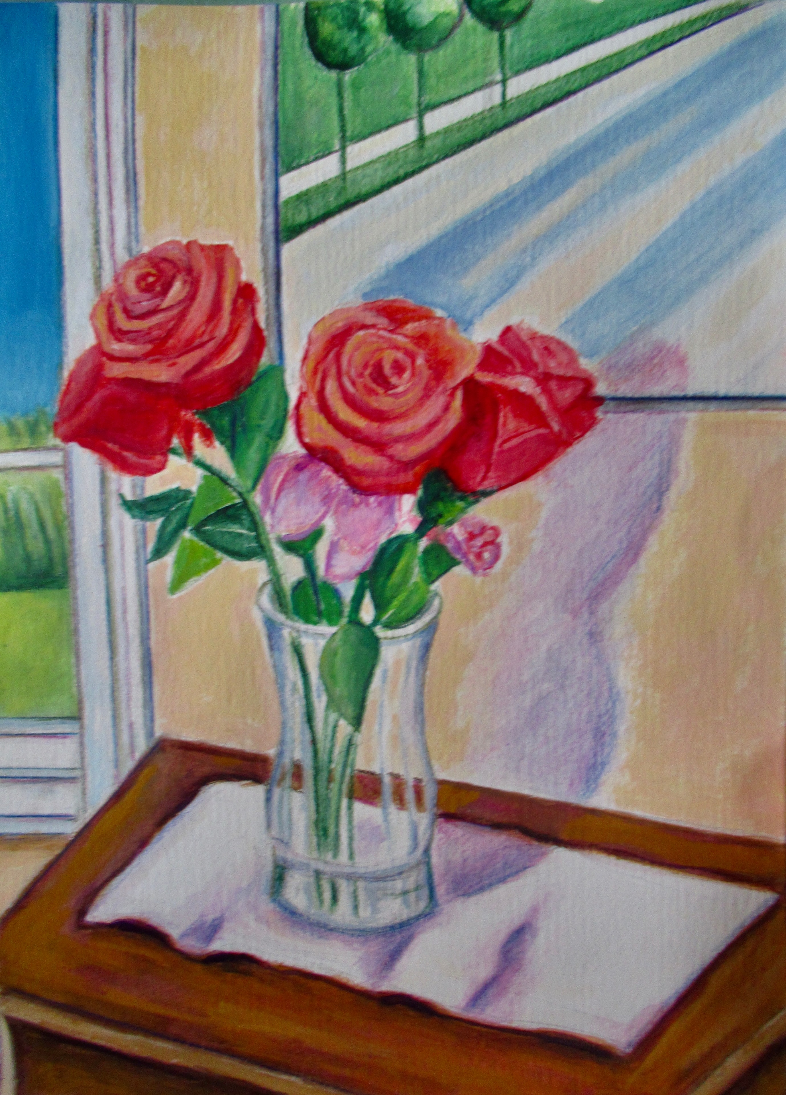 Red roses in glass vase by window with coastal view — original artwork by Lisa