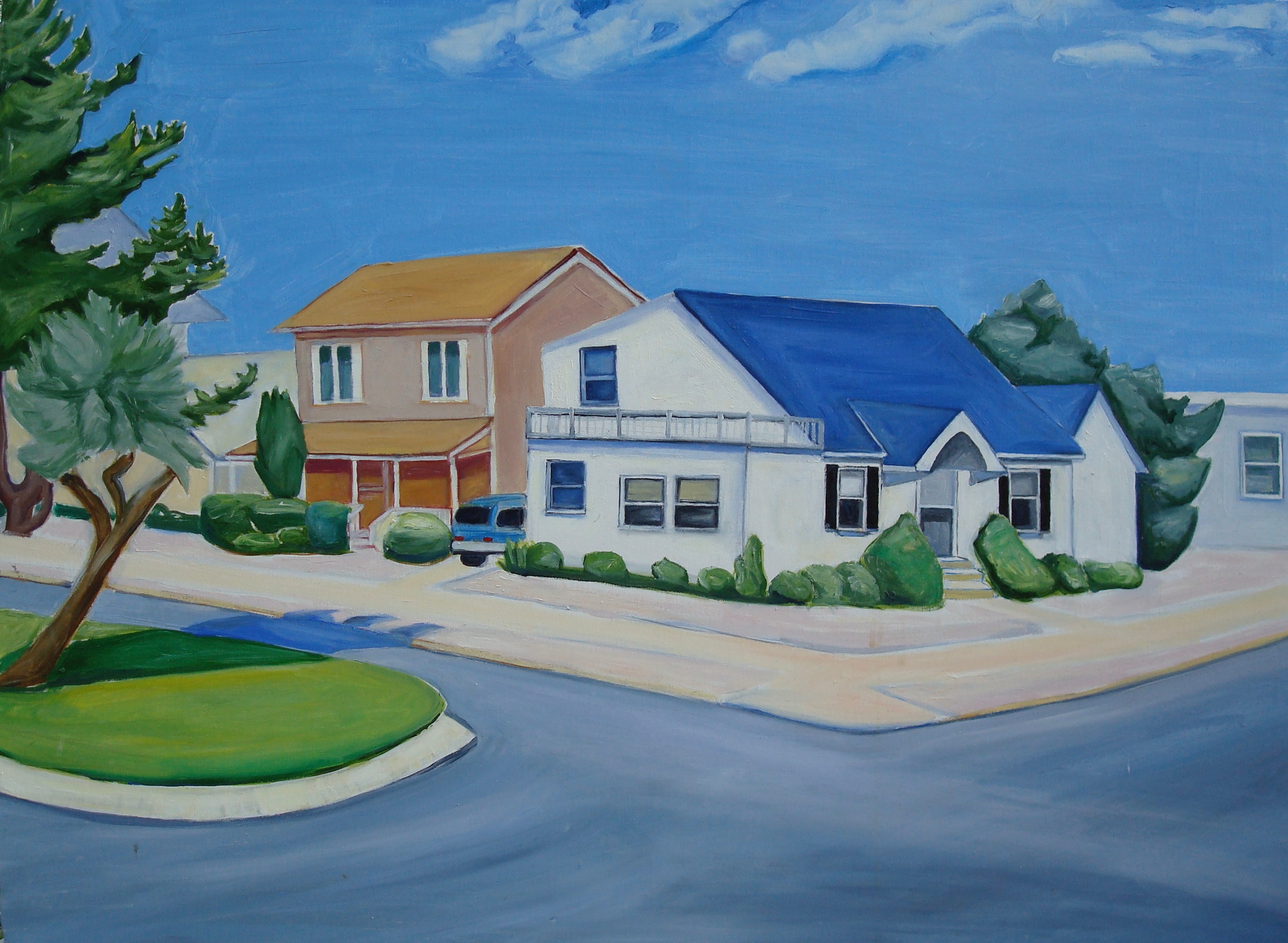 Second Avenue coastal street scene with houses and blue sky — original artwork by Lisa