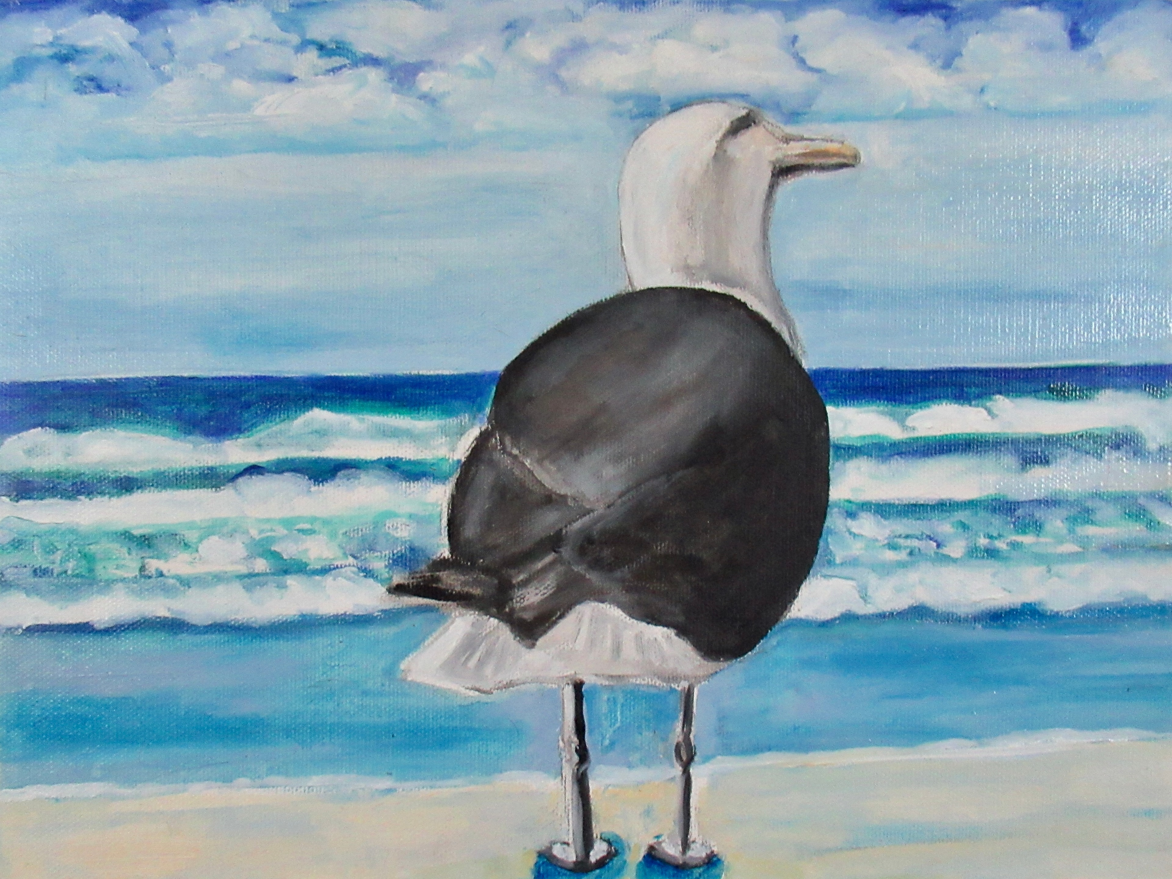 Seagull on the beach with ocean waves — original artwork by Lisa