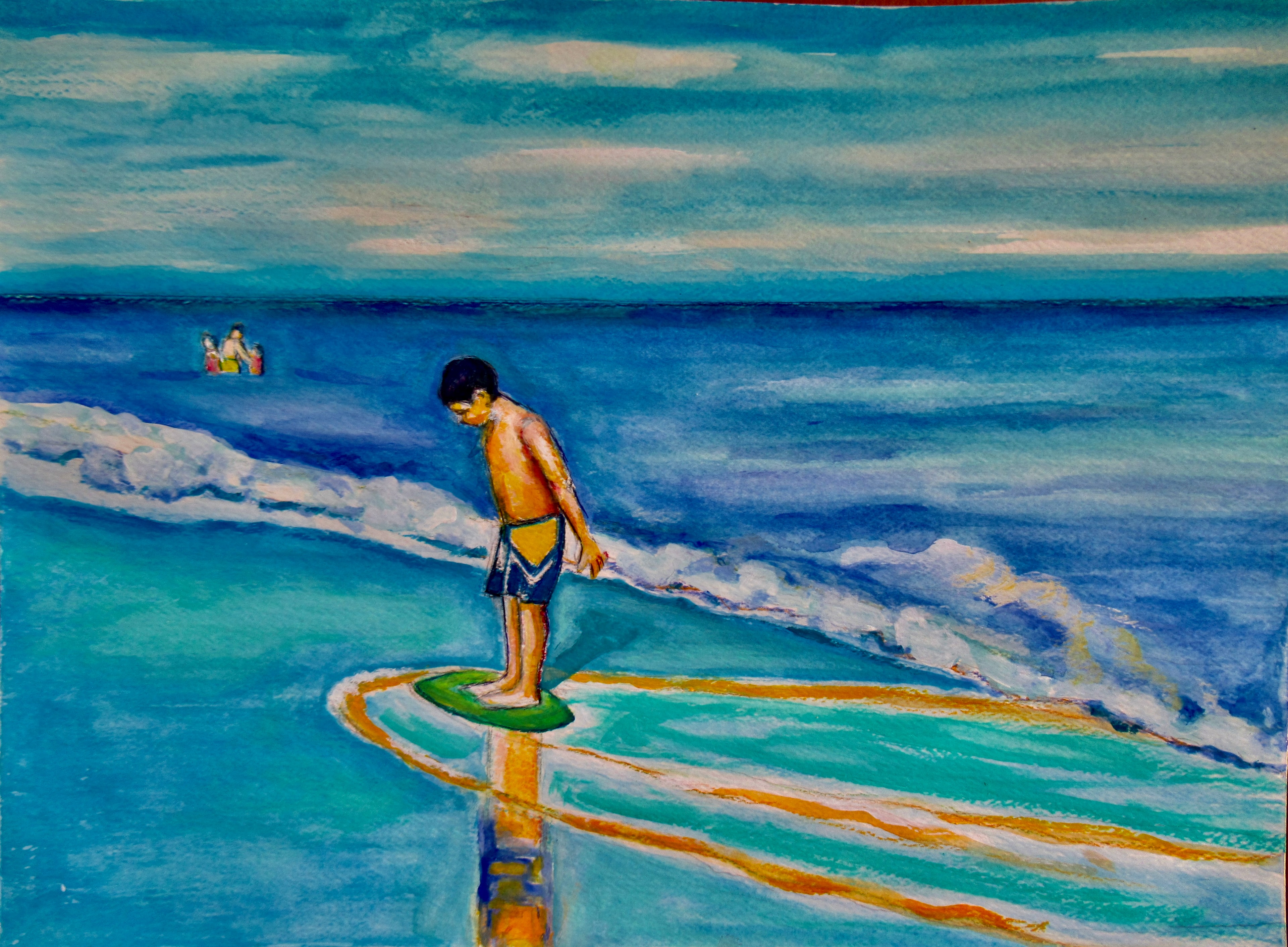 Boy on skimboard in ocean waves watercolor — original artwork by Lisa
