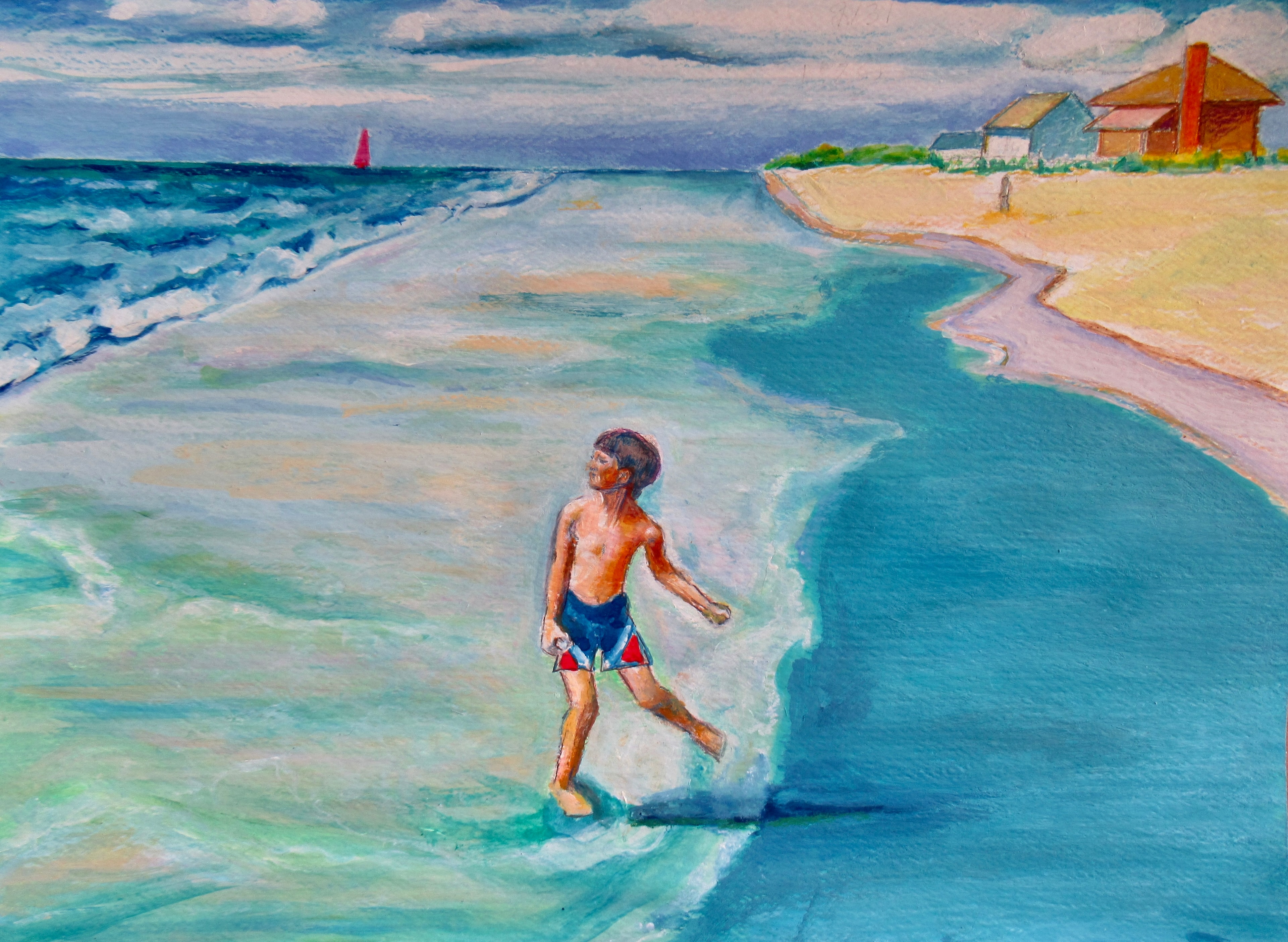 Child wading in coastal waters with beach houses in background — original artwork by Lisa