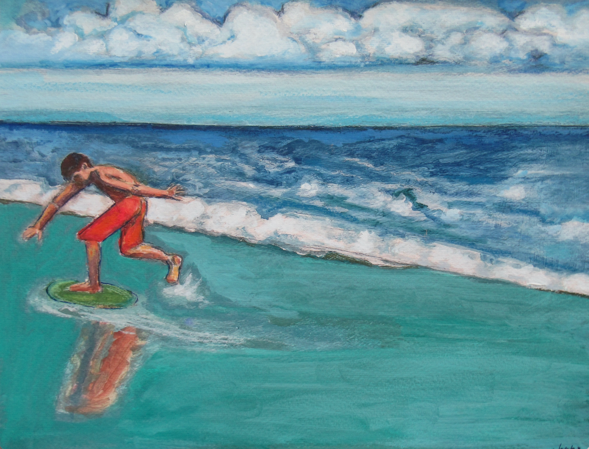 Wes on skimboard riding ocean waves — original artwork by Lisa