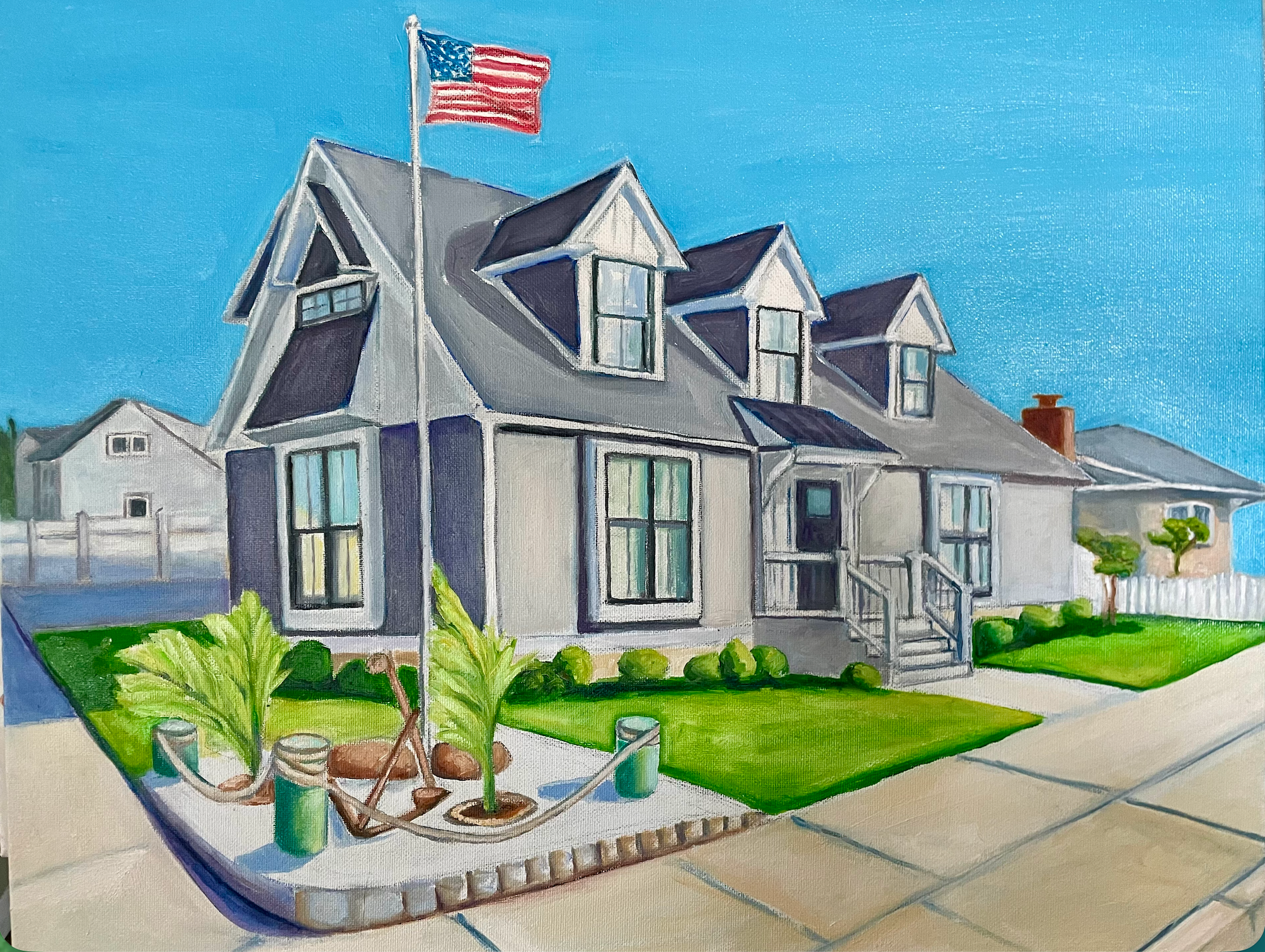 Wildwood Crest home with American flag and anchor garden — original artwork by Lisa