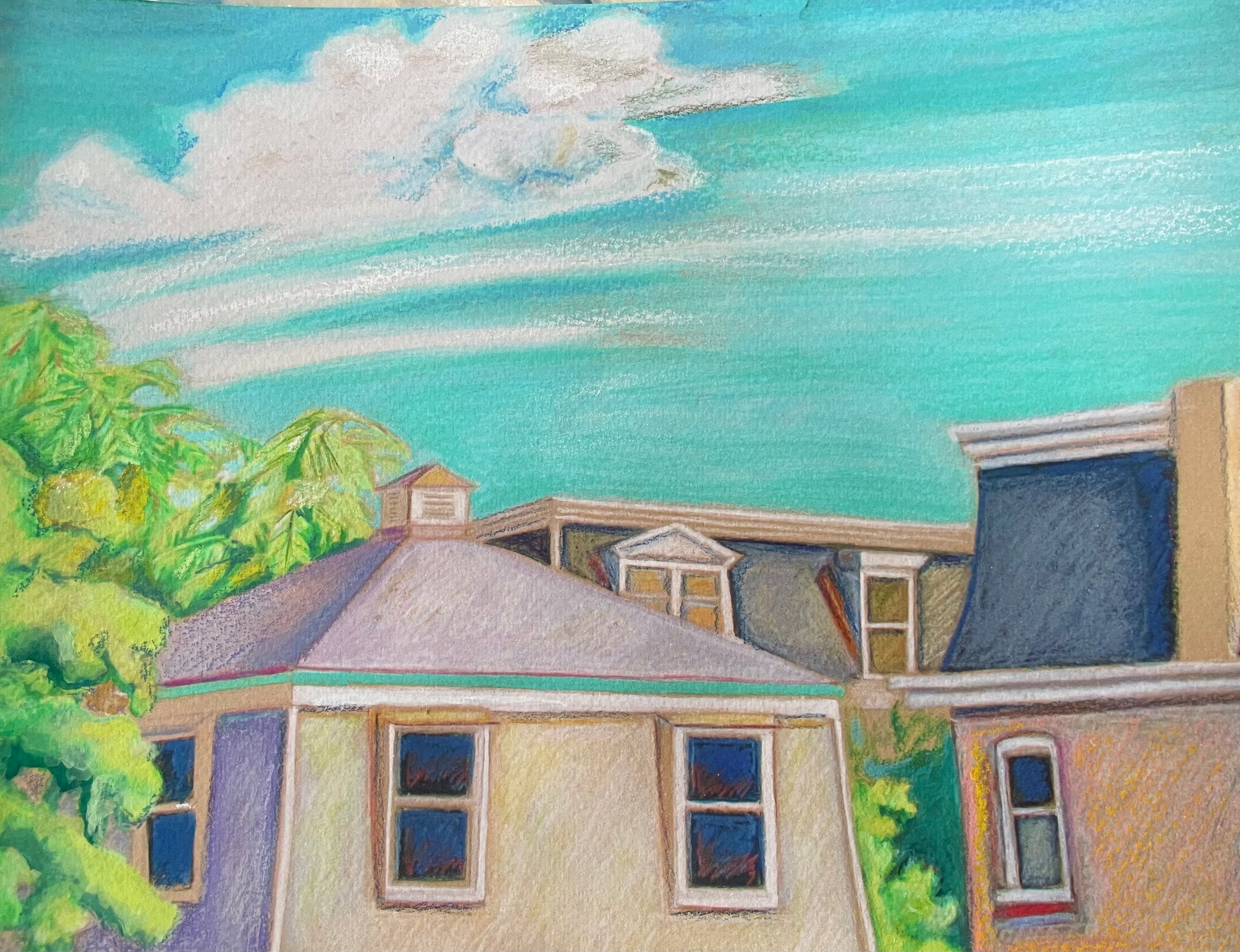 Manayunk garage rooftops with turquoise sky and lush trees — original artwork by Lisa