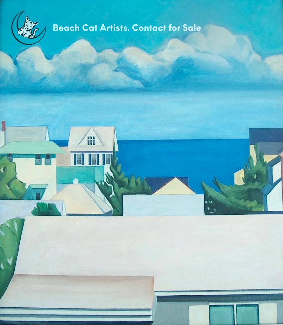 Coastal beach town houses with turquoise ocean — original artwork by Lisa